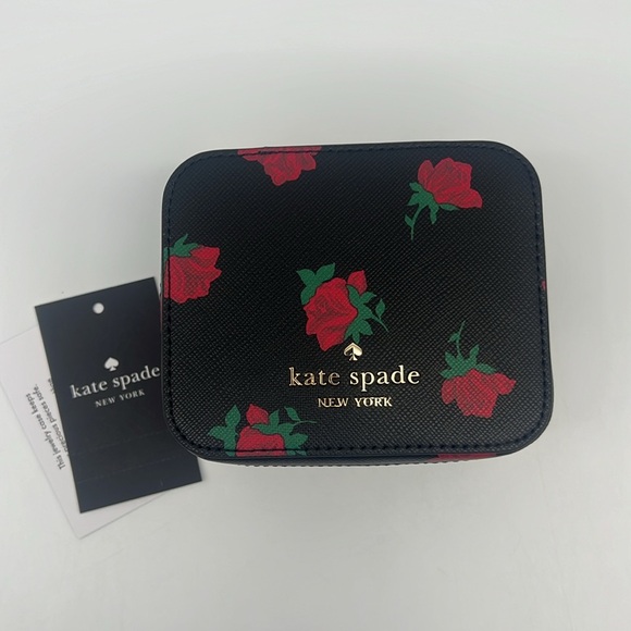 Kate Spade Madison Rose Toss Printed Jewelry Holder Case Box Black Red - Picture 2 of 14